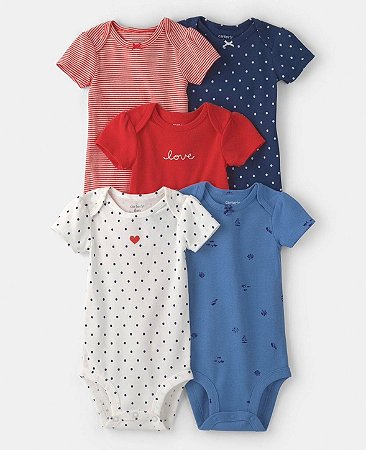 Kit 5 Bodys Praia Red/Azul - 6m (3 a 6 meses) - Carter's
