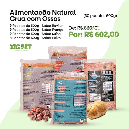 Alimentação Natural Crua com Ossos (30 pacotes 500g)