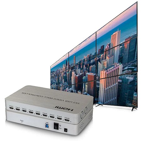 Video Wall Controlador 3X3, 4K, 9 Telas, USB, HDMI Gerenciável