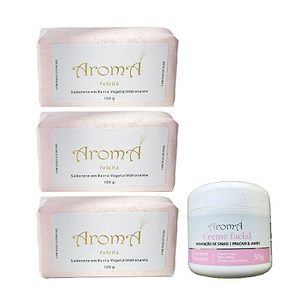 Kit Rosa Aromá 3 Sabonetes 150g + Creme Facial 50g + Caixa