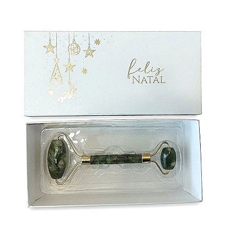 Massageador Facial Pedra Jade Aromá - Cx Feliz Natal Dourada