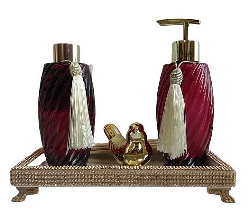 Kit Luxo Lavabo Marsala e Dourado Lavanda Aromá