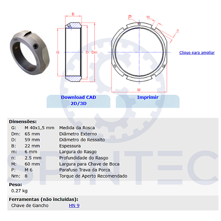 Porca de Porca de precisão KMT8 M40x1,5