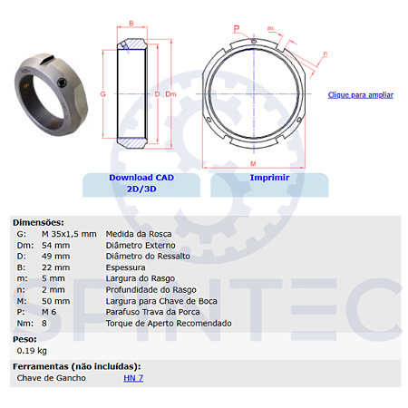 Porca de Porca de precisão KMT7 M35x1,5