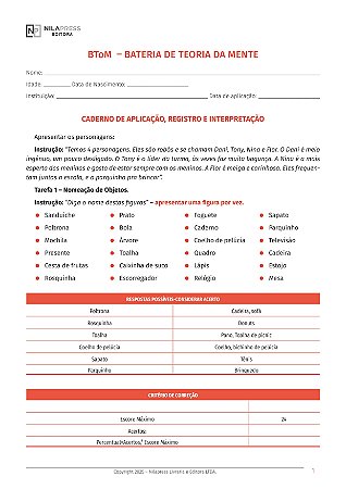 BATERIA DE TEORIA DA MENTE - BToM: Avaliação de Teoria da Mente em Crianças e Adolescentes - PROTOCOLO DE APLICAÇÃO - KIT COM 10 UNIDADES