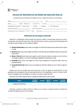 ESCALA DE RASTREIO DE AUTISMO  - ADULTOS (ERA-A) - KIT COM 10 PROTOCOLOS DE APLICAÇÃO