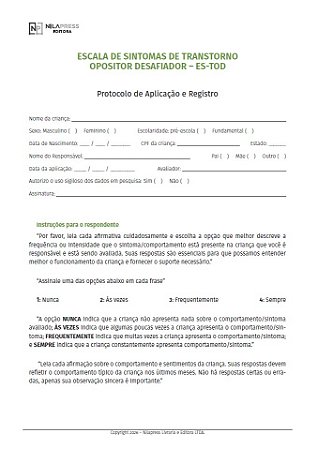 Escala de Sintomas de Transtorno Opositor Desafiador - ES-TOD APLICAÇÃO - PROTOCOLO - KIT COM 10 UNIDADES