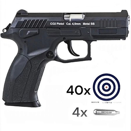 Pistola de Pressão CO2 Wingun W129 Blowback Slide Metal 4.5mm + 4 Cápsulas + 40 Alvos