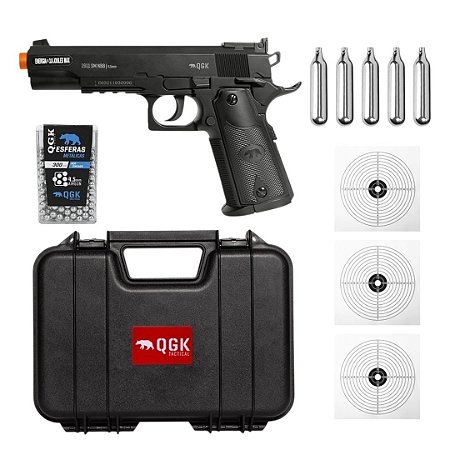 Pistola de Pressão CO2 QGK Colt 1911 NBB 4.5mm + Case + 5 Cápsulas+ 5 Alvos + 300 Esferas