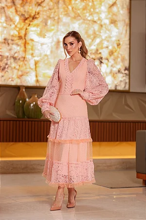 Selena - Vestido Midi em Renda e Tule com Guipir
