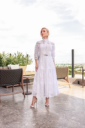 Angelina - Vestido Midi em Renda com Guipir branco
