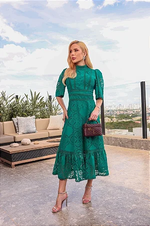Samara - Vestido Midi em Renda com Guipir verde