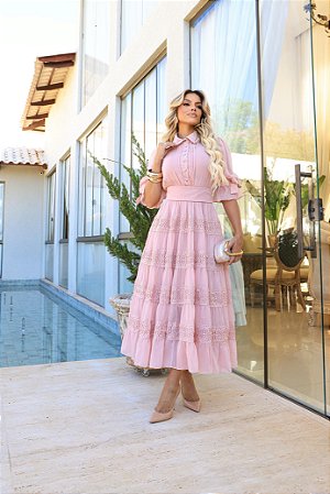 Vestido Midi em Tule com Rendas e Babados