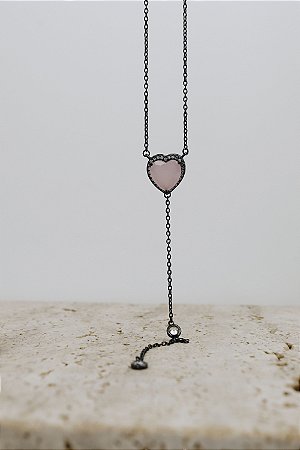 Colar gravatinha Quartzo rosa - Prata com Ródio