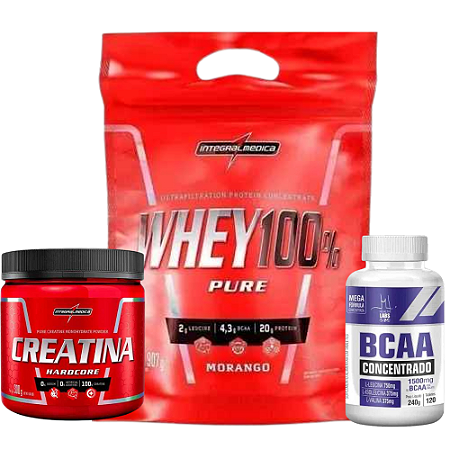 Kit para ganho de massa muscular - 1 creatina 300g Integralmedica + 1 whey 100% Refil 900g Integralmedica + BCAA Concentrado 1500mg com 120 Tabletes Healt Labs