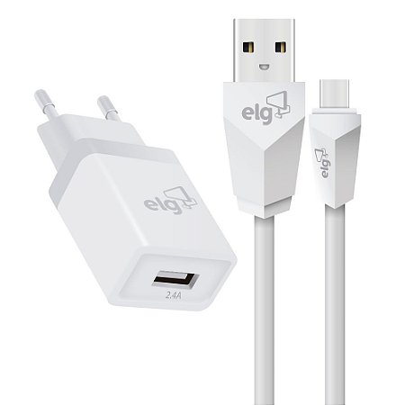 Kit Carregador Parede ELG KTC10WC Universal, 1 Saída USB + Cabo USB Tipo-C