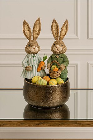 Arranjo Páscoa c/ 2 Coelhos Vaso Ouro