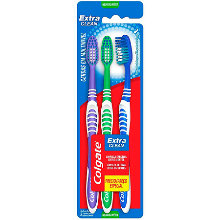 Escova de Dente Colgate Extra Clean Média com 3 unidades