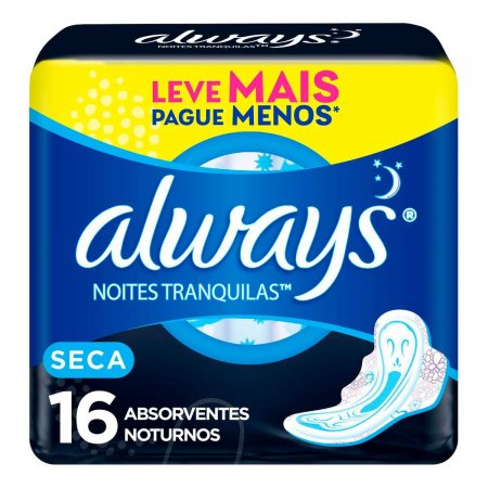 ABSORVENTE ALWAYS NOITES TRANQUILAS COBERTURA SECA COM ABAS COM 16 UNIDADES