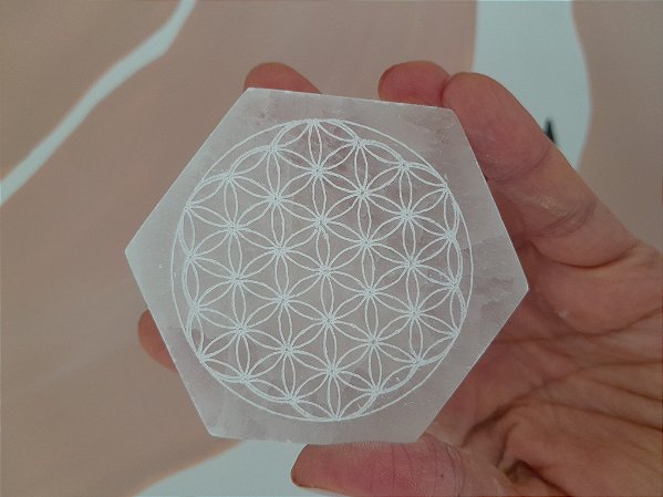 Selenita: placa hexagonal com flor da vida P