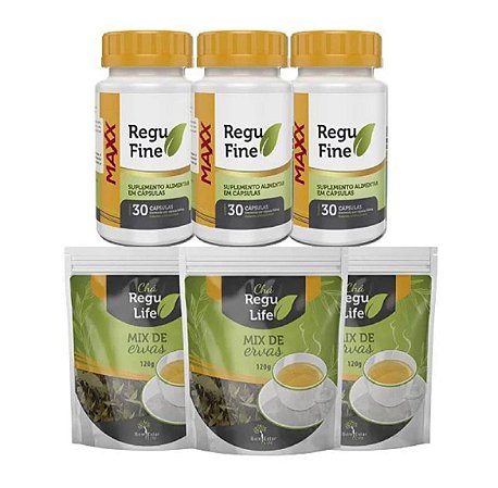 kit 3 meses Regufine maxx 7x mais potente + chá Regulife seca barriga