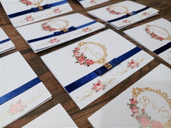 Convite de Casamento Floral Azul e Dourado