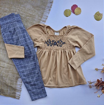 Conjunto Infantil Menina Milon Blusa Manga Longa Bordada e Calça Alfaiataria