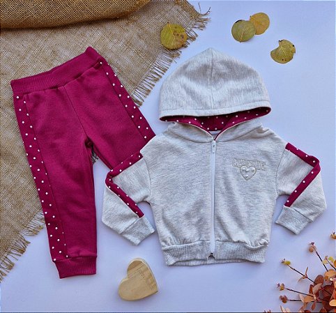 Conjunto Infantil Menina Milon Moletom Poá Inverno com Capuz