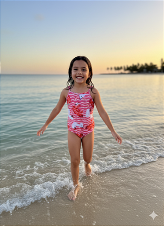Maiô Infantil Marlan Menina Flamingo e Unicórnio Flutuantes