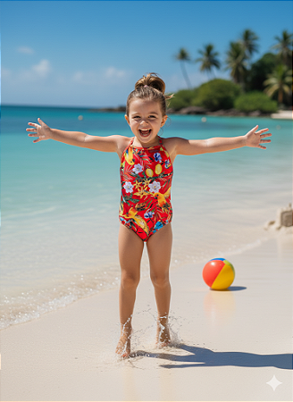Maiô Infantil Marlan Menina Tropical Vermelho Vibrante