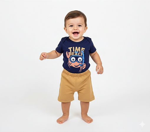 Conjunto Bebê Menino Rei Rex Body "Time Beach" Caranguejo Mergulhador e Short Cós Elástico Conforto Total