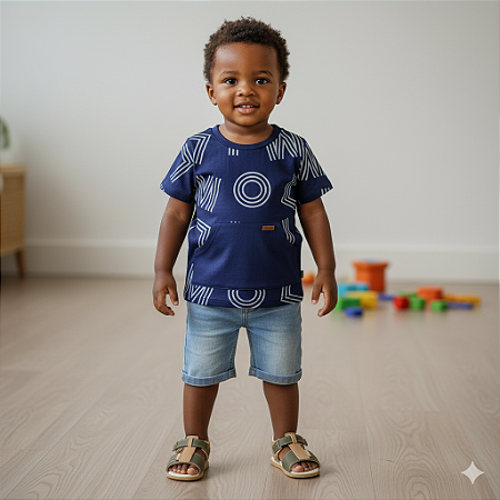 Camisa Infantil Menino Milon Azul Marinho com Estampa Geométrica Manga Curta
