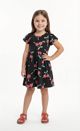 Vestido Infantil Menina Fakini Preto com Estampa de Cerejinhas Verão