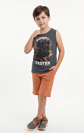 Conjunto Infantil Masculino Kyly Regata Machão "Faster" e Bermuda em Moletinho