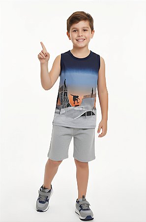 Conjunto Infantil Kyly Masculino Regata Skatista e Bermuda em Moletom Sem Felp