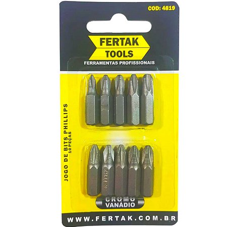Jogo de Bits Phillips Cromo Vanádio 25mm com 10 Peças Fertak