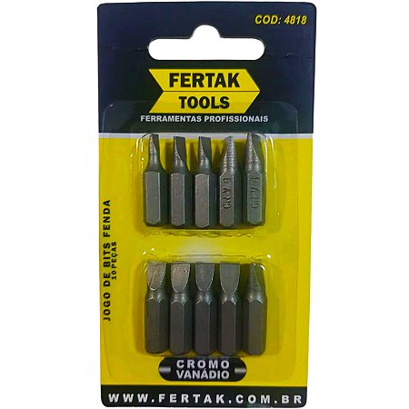 Jogo de Bits Fenda de Cromo Vanádio 25mm com 10 Peças Fertak