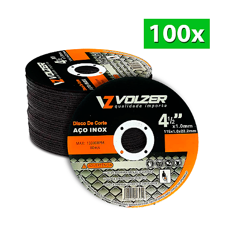 Kit 100 Discos de Corte 4" para Aço Inox 115 x 1 x 22.2 mm Volzer