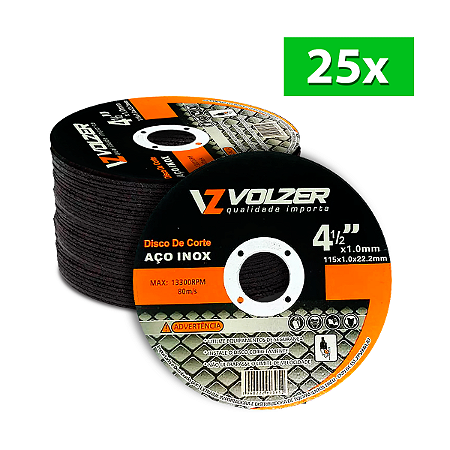 Kit 25 Discos de Corte 4" para Aço Inox 115 x 1 x 22.2 mm Volzer