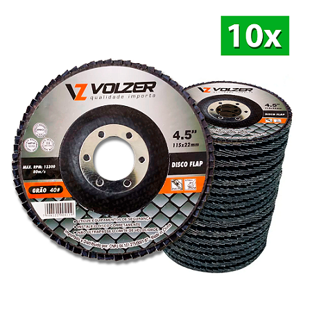 Kit 10 Discos Flap 4.5" 115 x 22 mm Grão 40 Volzer
