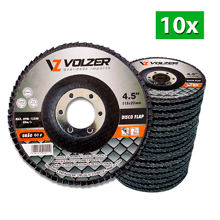 Kit 10 Discos Flap 4.5" 115 x 22 mm Grão 60 Volzer
