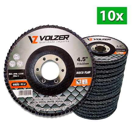 Kit 10 Discos Flap 4.5" 115 x 22 mm Grão 80 Volzer