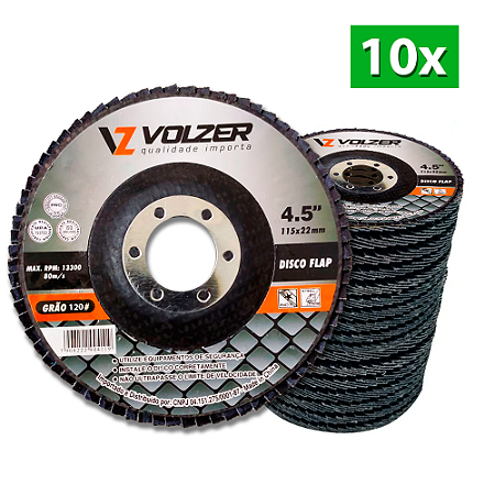 Kit 10 Discos Flap 4.5" 115 x 22 mm Grão 120 Volzer