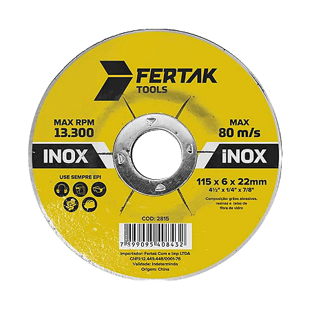 DISCO DE DESBASTE P/ ESMERILHADEIRA 115X6X22MM INOX - FERTAK