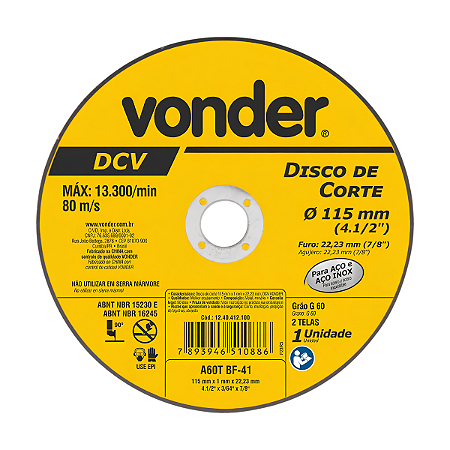 Disco de Corte Inox / Metal 4.1/2" 115,0X1,0X22,23 Vonder