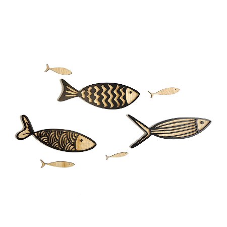 Quadro Peixes Escultura de Parede Cardume em Madeira