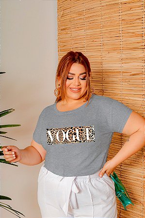 T-SHIRT PLUS SIZE VOGUE ANIMAL PRINT DTF CINZA XG