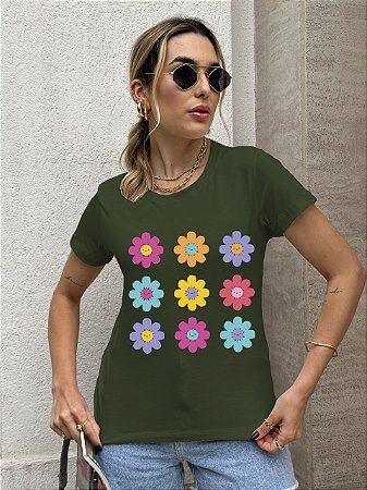 T-SHIRT FLORES MARGARIDAS DTF VERDE MILITAR