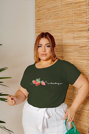 T-SHIRT PLUS SIZE MORANGOS STRANWBERRY DTF VERDE MILITAR XG
