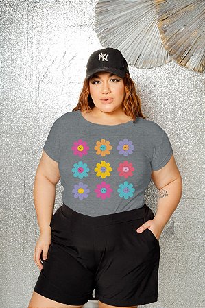 T-SHIRT PLUS SIZE FLORES MARGARIDAS DTF CINZA XG